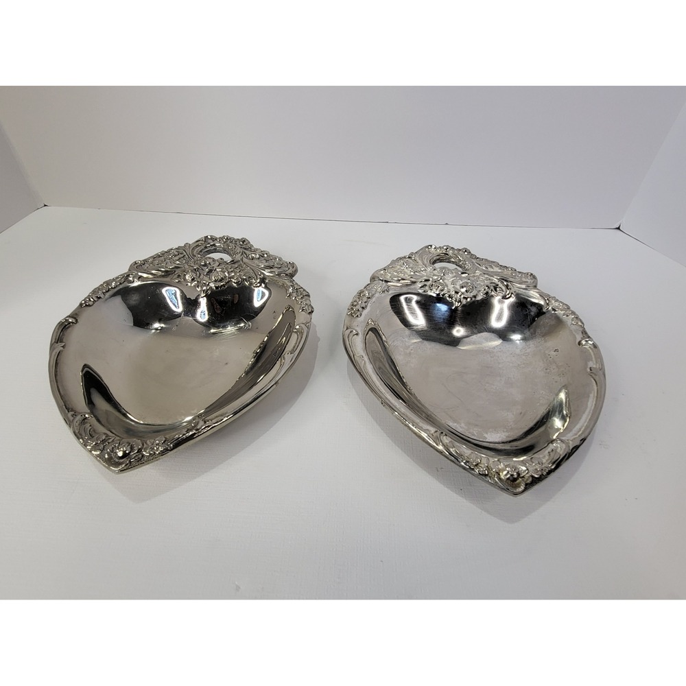 Vintage Leonard Silverplate Heart Trinket Dish Set Ornate Floral Made in Italy